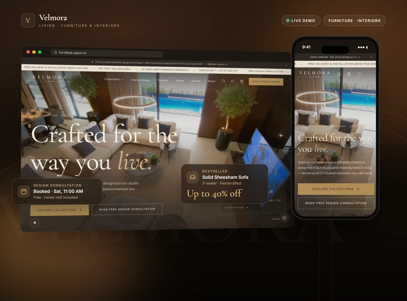 Velmora Furniture Website – furniture website demo by Sajuni